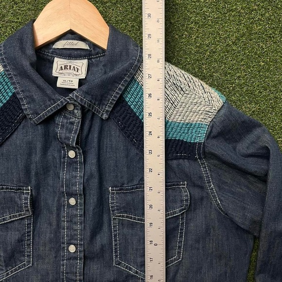 Ariat Women's Pearl Snap Western Denim Button Down Shirt With Shoulder Design - Picture 7 of 7